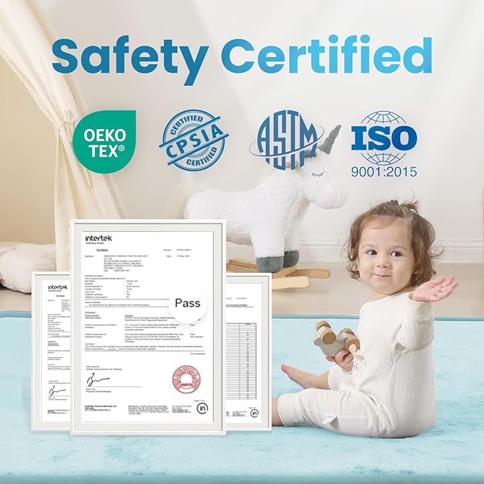 1.3" Thick Baby Play Mat for Floor Playpen, 50x50 Foam Tummy Time Mat, Padded Support Soft Plush Nursery Rug for Infant Kids Toddler Crawling Kick Activity (Ice Blue)-BubblyBeeBaby