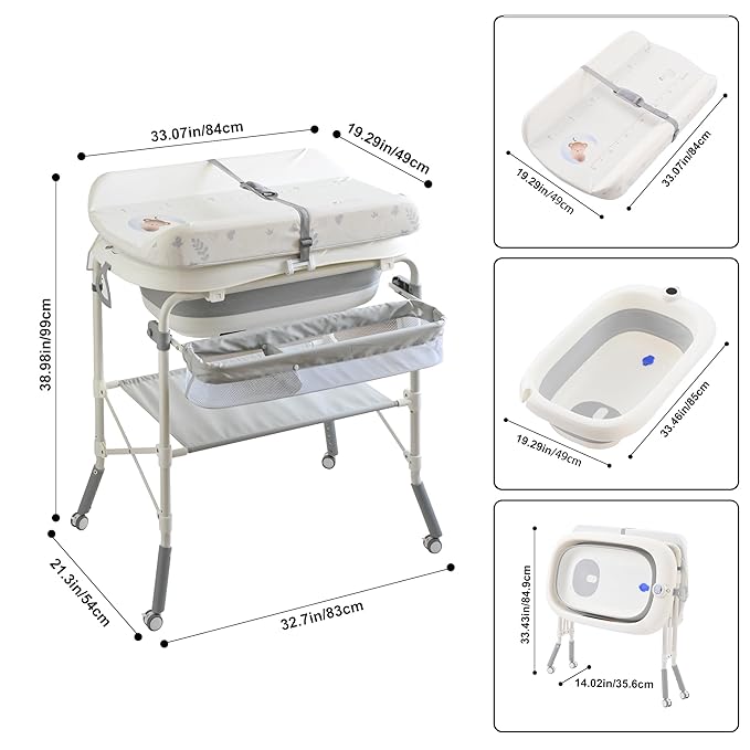 2-in-1 Baby Bathtub with Changing Table, Foldable Diaper Changing Station with 4 Wheels, Waterproof Pad, Storage Rack and Baby Bath Tub, Adjustable Height Portable Nursery Organizer for Newborn Infant-BubblyBeeBaby
