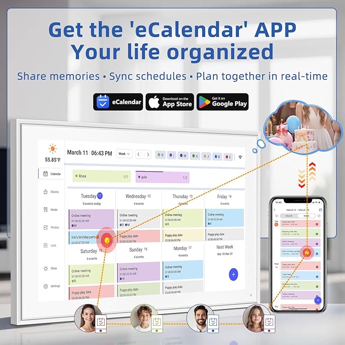21.5 Inch Digital Calendar, Electronic Chore Chart, Smart Weekly and Monthly Planner 1920 * 1080P IPS Touchscreen Wall and Desk Calendar for Family Schedules, White-BubblyBeeBaby
