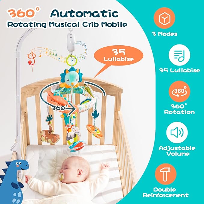 Jollybaby Nursery Baby Automatic Rotating Dinosaur Crib Mobile with Music Box & Arm, Montessori Sensory Musical Hanging Toy for Bassinet, Newborn Clip on Crib Mobile Soother Toy Gift, Polyester-BubblyBeeBaby