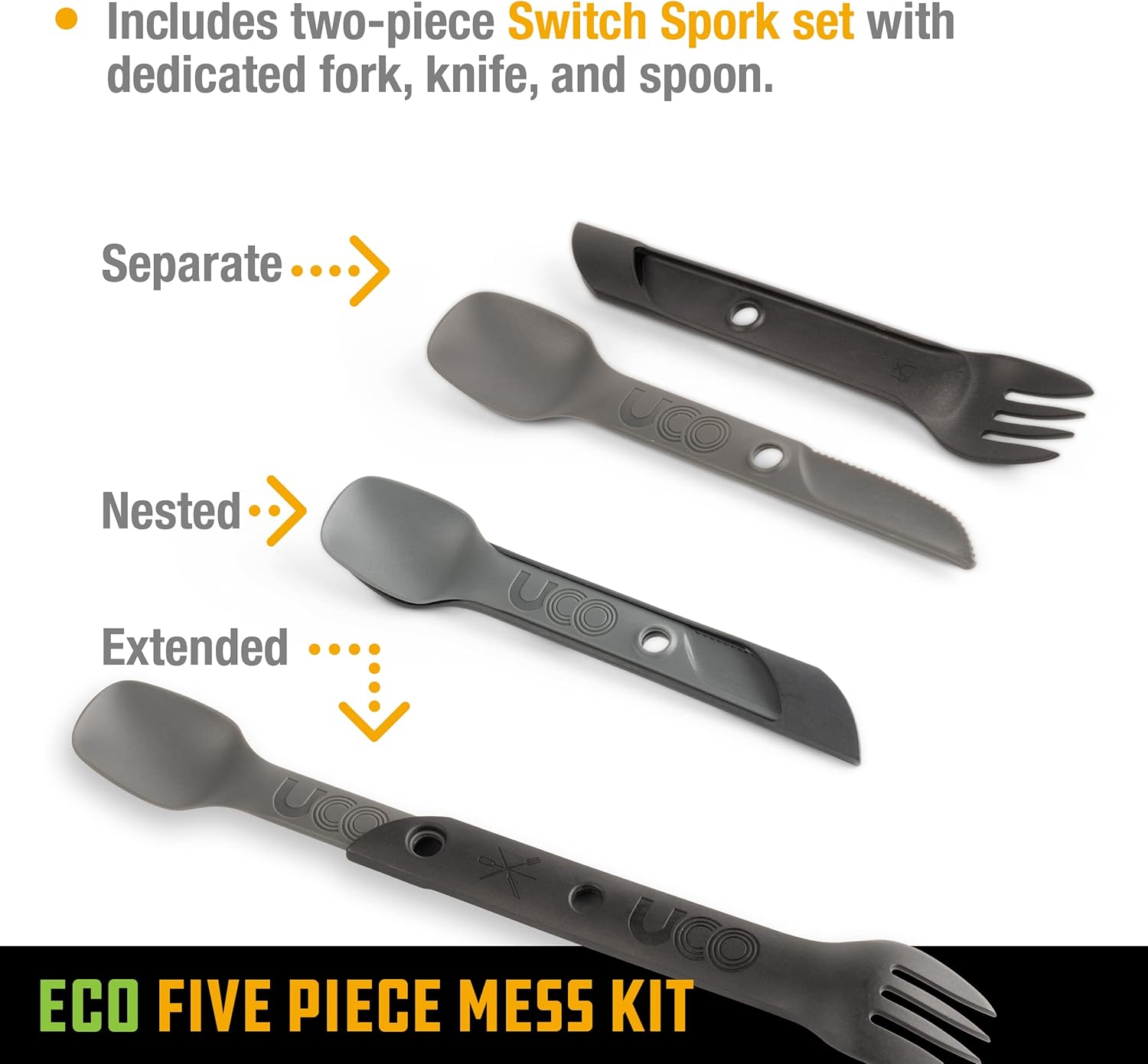 UCO Recycled ECO 5-Piece Camping Mess Kit with Bowl, Plate, Switch Spork Utensil Set
