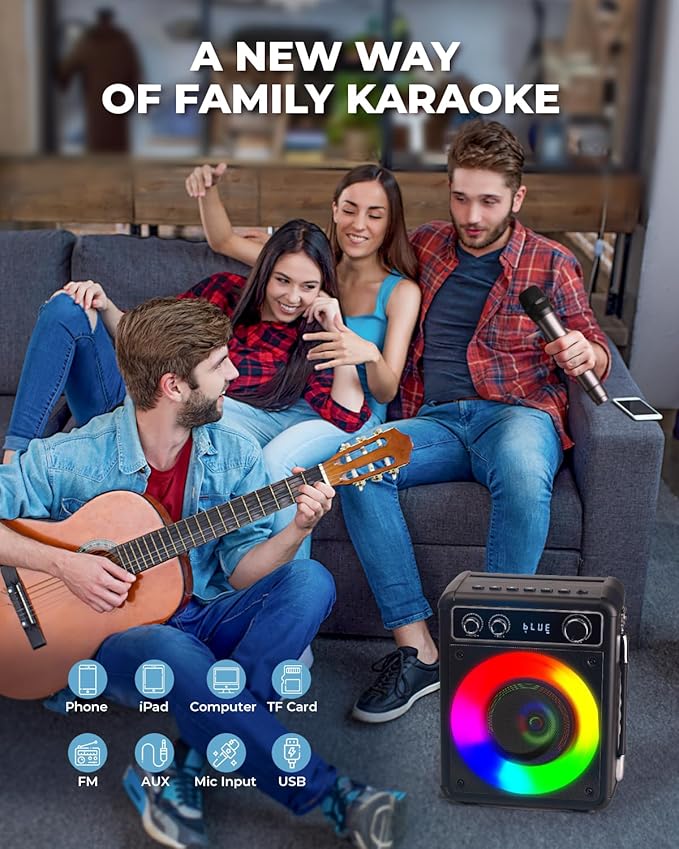 Karaoke Machine, Portable Bluetooth Karaoke Speaker with 2 Wireless Microphones, PA System for Adults Kids with LED Lights, Supports FM/AUX/USB/TF for Home Party-BubblyBeeBaby