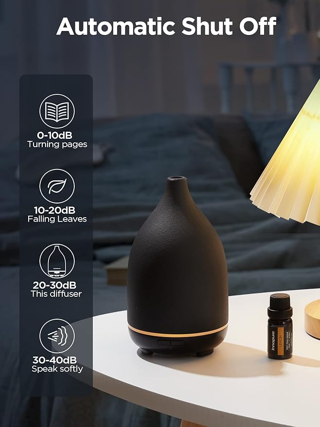 InnoGear Oil Diffuser, 150ML Ceramic Diffuser for Essential Oils Handcrafted Aromatherapy Diffuser Ultrasonic Cool Mist Humidifier with 2 Mist Modes Waterless Auto Off for Room Office, Black-BubblyBeeBaby