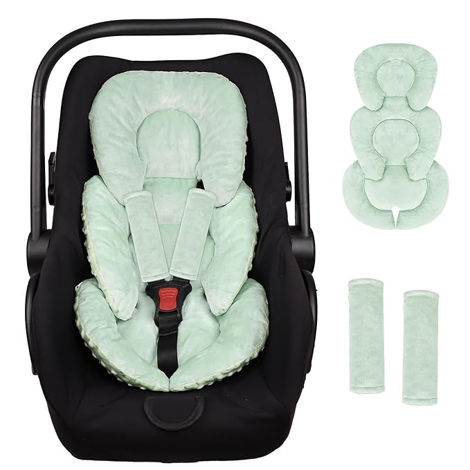 GFU Infant Car Seat Insert Head and Body Support, Reversible Newborn Insert for Carseat with Strap Pads, Soft Stroller Cushion Pillow Insert for Boys and Girls, Fits for Stroller, Swing, Green-BubblyBeeBaby
