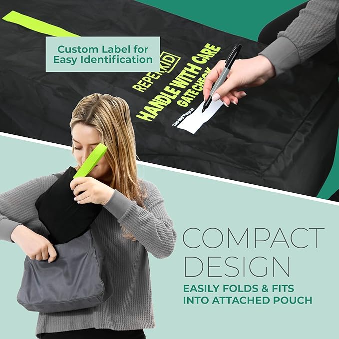 reperkid Umbrella Stroller Bag for Airplane Travel, Black and Green, 47" H x 15" W x 12" D, Fits Most Single and Double Umbrella Strollers – Premium Waterproof Cover, Adjustable Shoulder Strap-BubblyBeeBaby