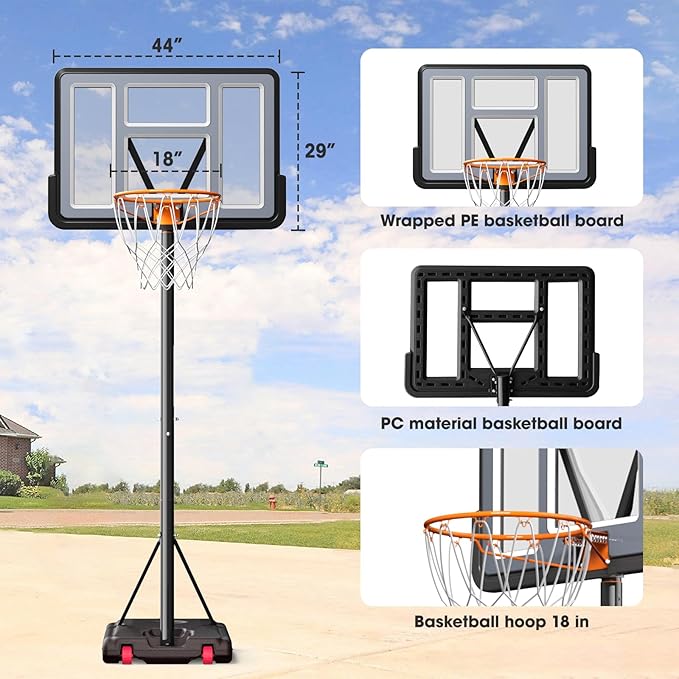 IGL Portable Basketball Hoop, 5.6-10FT Adjustable Basketball Goal System, 44 Inch Outdoor Basketball Hoop & Goals for Kids, Youth, and Adults in The Backyard, Driveway with PC Backboard-BubblyBeeBaby