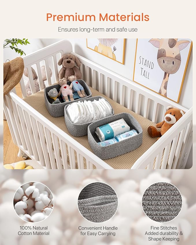 KALLAX Small Woven Basket, 13.5 x 9.5 x 5 Inches, Storage Basket for Organizing, Cute Small Rope Shelf Closet Cube Storage Bins Baskets for Shelves, Dog Toy Gift Baskets Empty, 3 Packs, Mixed Grey-BubblyBeeBaby