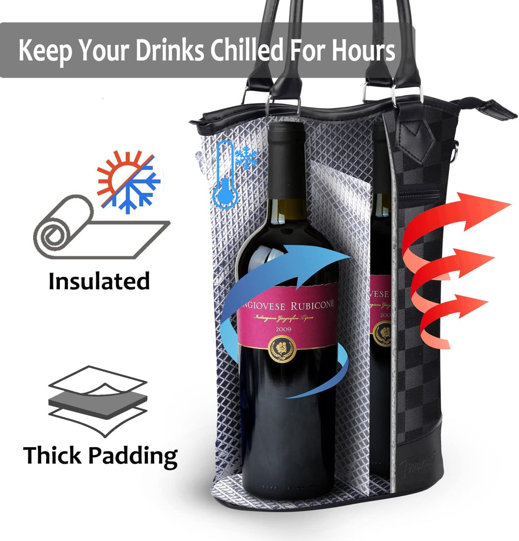 Tirrinia Insulated Wine Gift Carrier Tote - Travel Padded 2 Bottle Wine/Champagne Cooler Bag for Portable Wine Bottle Carrying Case, Women Men Wine Party Bag for Event,BYOB,Beach, Gift for Wine