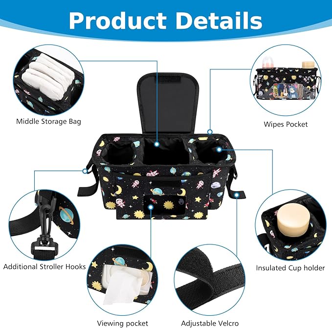 Accmor Universal Stroller Organizer with Insulated Cup Holder and Shoulder Strap, Stroller Bag Caddy Organizer Stroller Accessories for Uppababy, Baby Jogger, Nuna, Doona, Britax Strollers-BubblyBeeBaby