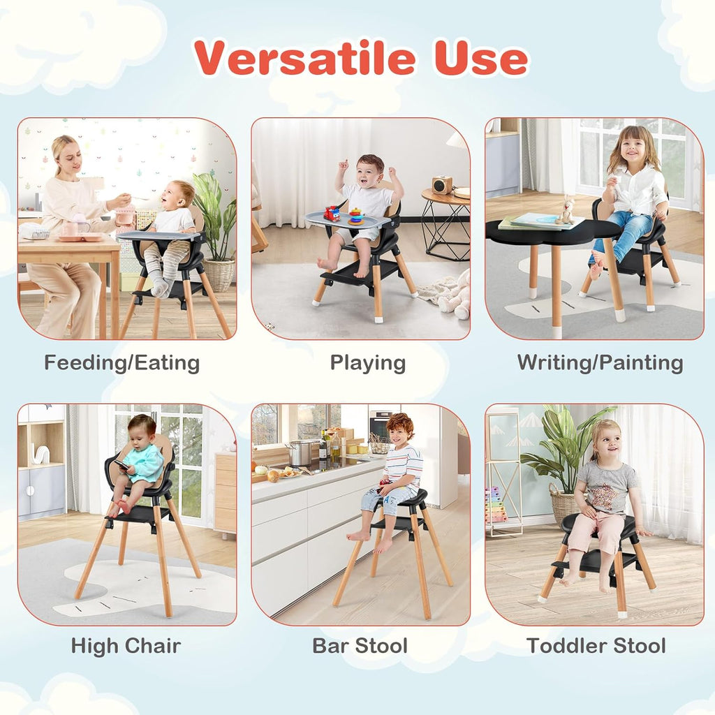 HONEY JOY Baby High Chair, 6 in 1 Convertible Wooden Highchair for Babies and Toddlers/Chair/Bar Stool, Removable Double Tray & Reversible Footrest, Safety Harness for Infant Boys Girls (Coffee)
