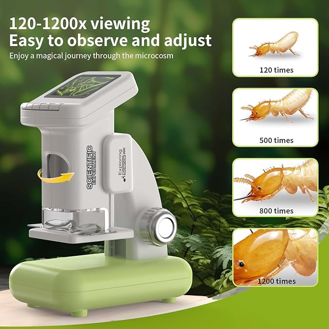 1200X Microscope for Kids with 2 inch Screen STEM Digital Science Kit Rechargeable Handheld Mini Pocket Children Students Slides Portable Gift for Kids Ages 6 to 12 (Green)-BubblyBeeBaby