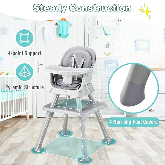 HONEY JOY 8 in 1 Baby High Chair, Convertible Highchair for Babies and Toddlers/Table and Chair Set/Building Block Table/Booster Seat/Stool/Toddler Chair with Safety Harness (Gray)-BubblyBeeBaby