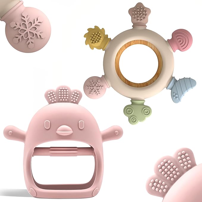 2 Pack Baby Teething Toys for 0-6 & 6-12 Months, Food Grade Silicone Teething Mitten No Drop Teether and Ring Teether, BPA Free, One-Piece, CPC Certified Baby Chew Toys for Sucking Needs-BubblyBeeBaby