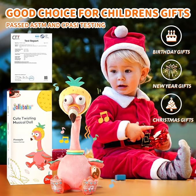 Jollybaby Plush Talking Singing Dancing Musical Flamingo Toy for Toddlers 1-3 Just Like Cactus Toy, Music Mimicking Interactive Toy for Crawling Kids, Sensory Stuffed Toy Gift for Baby 0-6-12 Month-BubblyBeeBaby