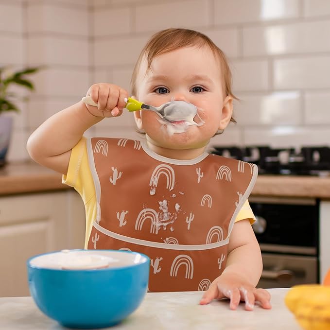 Mess Proof Baby Bib 3 Pack, Waterproof Led Weaning Baby Feeding Bibs with Food Catcher, Travel Feeding Bibs-BubblyBeeBaby