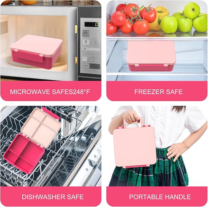 Kids Bento Lunch Box with 8oz Soup Thermo, Water Bottle, Leakproof Lunch Food Containers with 4 Compartment, Kids Insulated Hot Food Jar with Lunch Bag for School(Pink)-BubblyBeeBaby