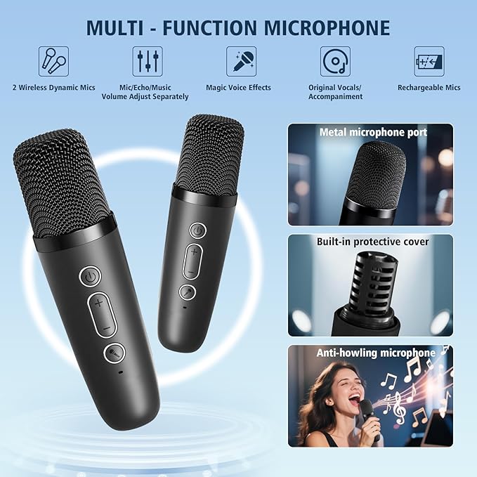 Karaoke Machine for Kids Adults, Portable Bluetooth Speaker with 2 Wireless Microphones, Portable Speaker Mini Karaoke Microphone for Home Party Birthday Gift for Girls Boys-BubblyBeeBaby