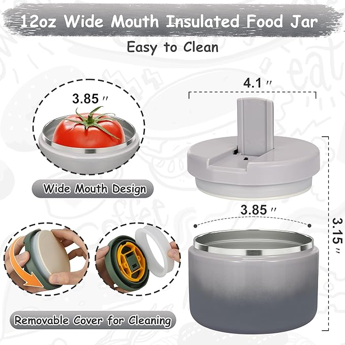 12oz Insulated Vacuum Food Jar with Buckle Lid Wide Mouth Soup Thermo for Hot Food Kids Leakproof Stainless Steel Lunch Container (Gradient Grey, 12OZ)-BubblyBeeBaby