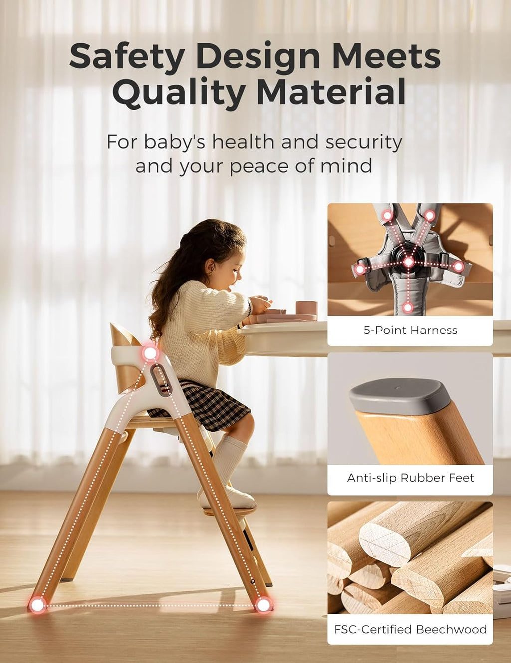 Momcozy DinerPal Wooden High Chair for Babies, Toddlers & Adults Up to 308 Lbs, Convertible Baby Highchair with Food-Grade Tray, Dishwasher-Safe, Adjustable & Ergonomic, Natural Wood