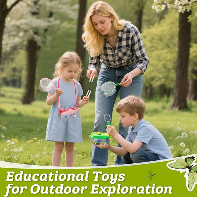 2 Set Bug Catcher for Kids- Educational Bug Catching Kit Including Butterfly Net, Insect Clip, Tweezer, Outdoor Toys for Kids Ages 3-10 (Pink & Green)-BubblyBeeBaby