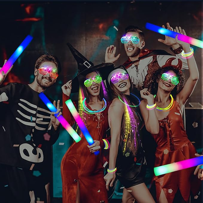 148 PCS Glow in the Dark Party Supplies, 16PCS Foam Glow Sticks, 16PCS LED Glasses,100PCS Glow Sticks Bracelets and 16Pcs LED Hair Clips Fiber Optic for Glow Party, Wedding, Halloween Party-BubblyBeeBaby
