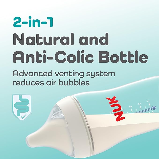 NUK Perfect Match 2-in-1 Natural and Anti-Colic Bottle with Medium Flow, Wide, Adaptable Nipple, 8oz., 4 Pack, BPA Free-BubblyBeeBaby