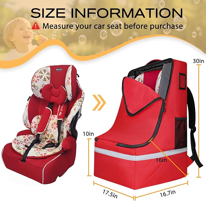 Car Seat Travel Bag for Airplane,Infant Seat Travel Bag with Shoulder Strap,Padded Car Seats Backpack with Reflective Stripes,Large Carseat Carrier Bag Travel Car Seat Cover, Red-BubblyBeeBaby