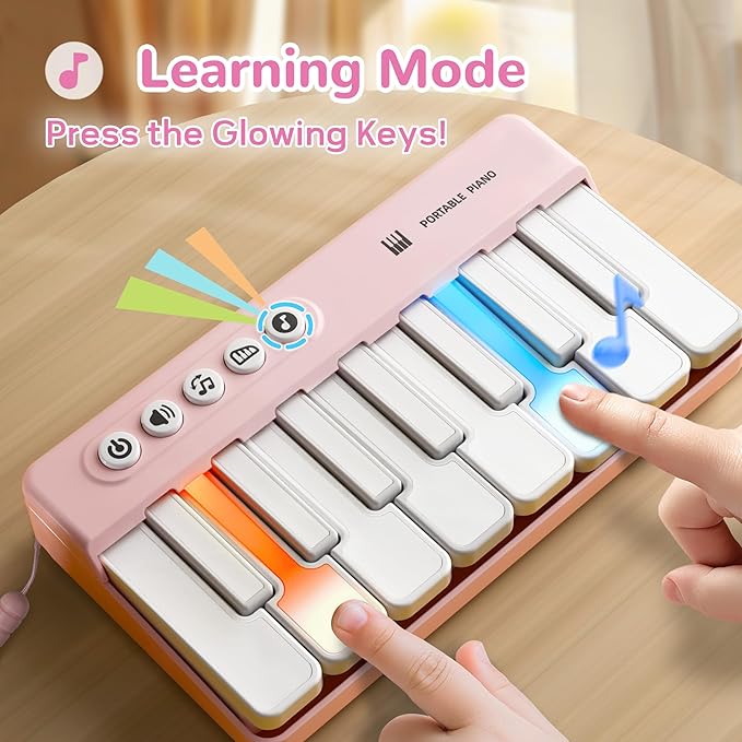 iPlay, iLearn Kids Mini Piano Toy W/Rainbow Lights, Portable Travel Piano Keyboard Toddlers Musical Instrument Learning Toys, Music Interactive Birthday Gift for 2 3 4 5 6 Year Old Girls Children-BubblyBeeBaby