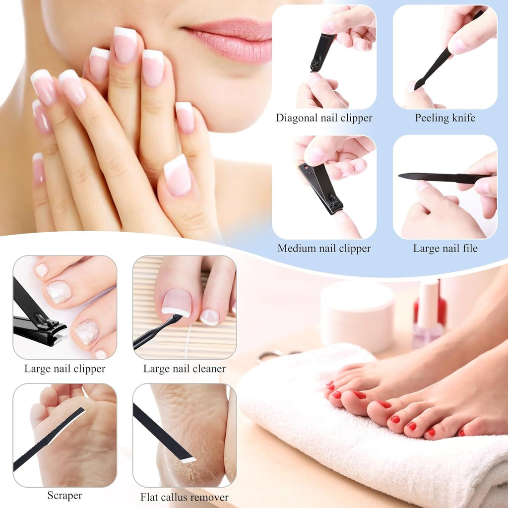 Manicure Pedicure Kit Nail Clippers Set Fingernails & Toenails Vibrissac Scissor 5 Pieces Best Care Tools for Man & Women with Travel Case (Gray/Black_A) (Dark 15 Pieces)