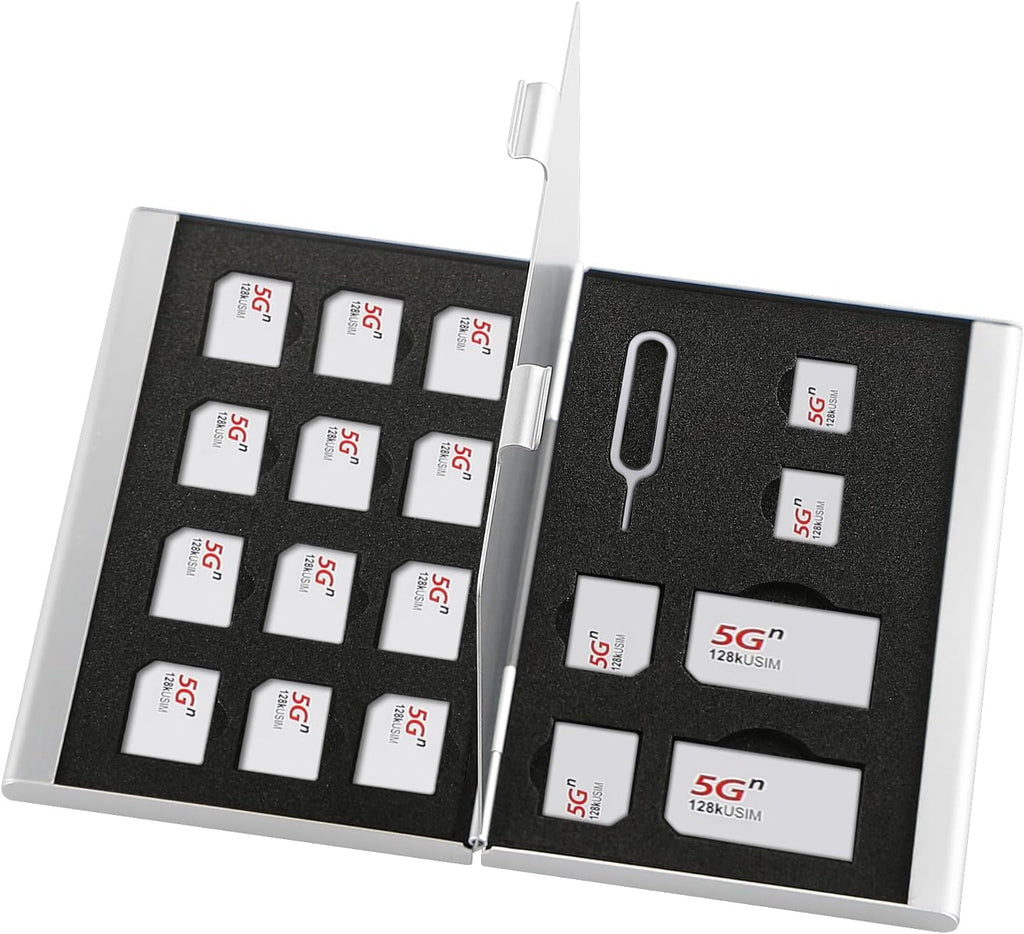 Aluminum SIM Card Case, 19Slots Ultrathin SIM Card Holder, Fit for 2 SIM Card, 14 Micro sim Card, 2 Nano sim Card and 1 Cell Phone Eject Pin Slots, Silver