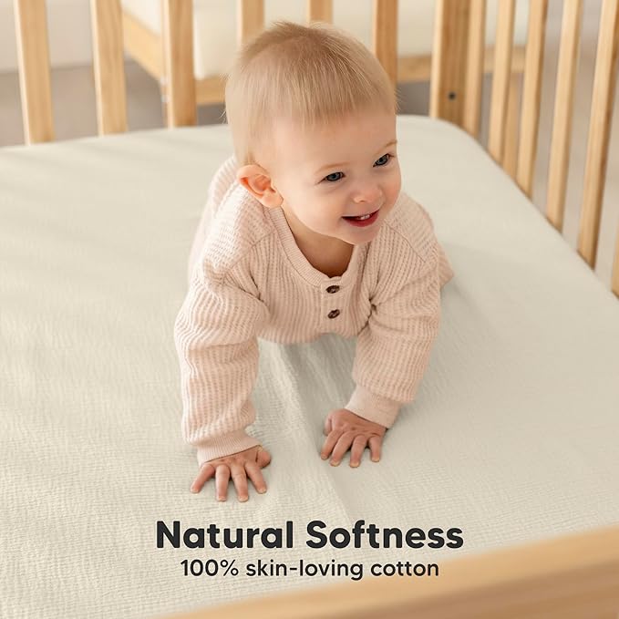 KeaBabies 2-Pack Muslin Crib Sheets for Boys, Girls - 100% Organic Cotton Fitted Baby Crib Mattress Sheet, Soft Breathable Standard Toddler Bed Cover Bedding Set, Neutral, Durable 52x28 (Greige)-BubblyBeeBaby