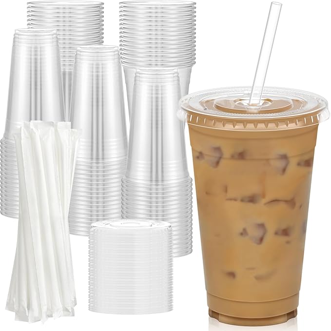 100 Pack - 20 oz Clear Plastic Cups with Lids and Straws, Sturdy & Food Safe Iced Coffee Cups with lids, Disposable Plastic Smoothie Cups for Cold Drinks-BubblyBeeBaby