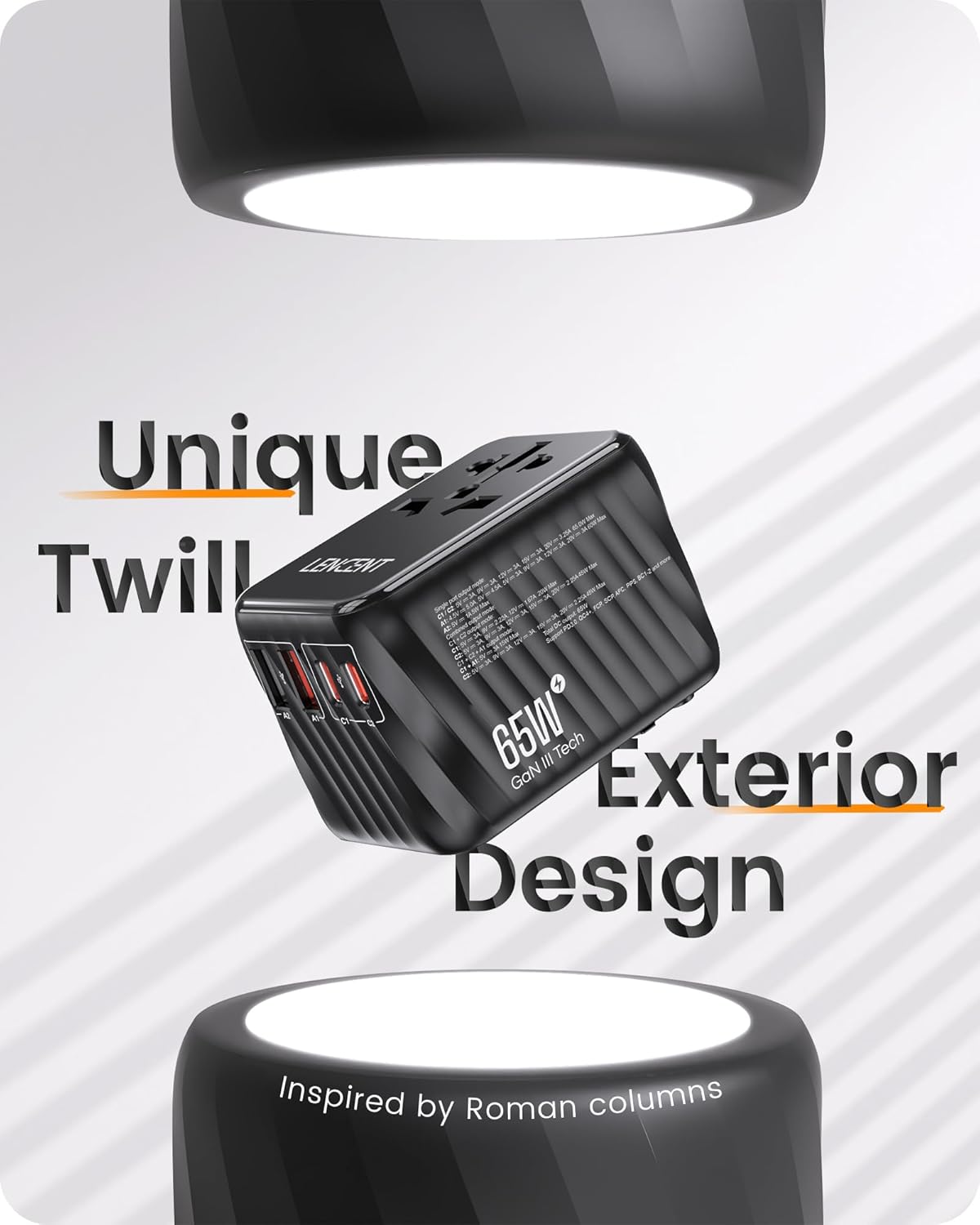 LENCENT Universal Travel Adapter, 65W GaN International Fast Charger with 2 PD3.0 Type C+2 QC USB A, Worldwide Power Adaptor for Phones,Laptops, All in One Travel Essentials for EU/USA/UK/AU, Black