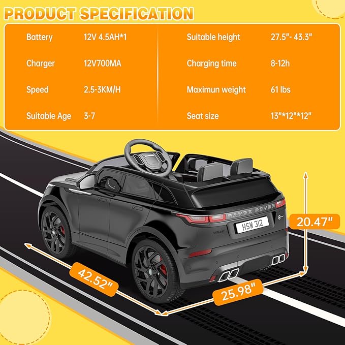 Hetoy Kids Ride On Car with Remote, Licensed Land Rover Kids Electric Car, Ride On Toys for Kids 3-8 with Mp3 Player, Rocking, Pull Rod, Black-BubblyBeeBaby