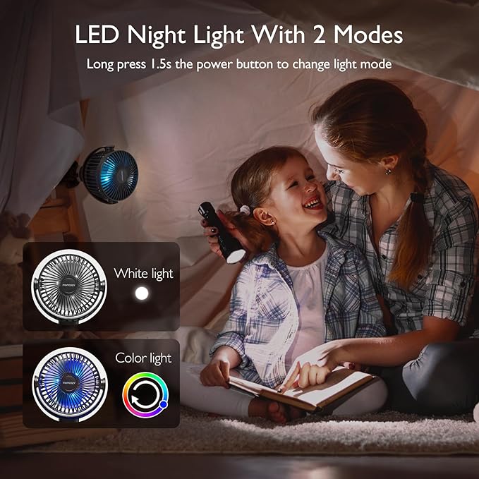 Momcozy Portable Stroller Fan, 8000mAh, 27H Ultra-long Battery Life, Detachable 4 Speed 360°Rotate, LED Night Light with 2 Modes, USB Rechargeable Handheld Cooling Fan for Travel, Car Seat, Bedroom-BubblyBeeBaby