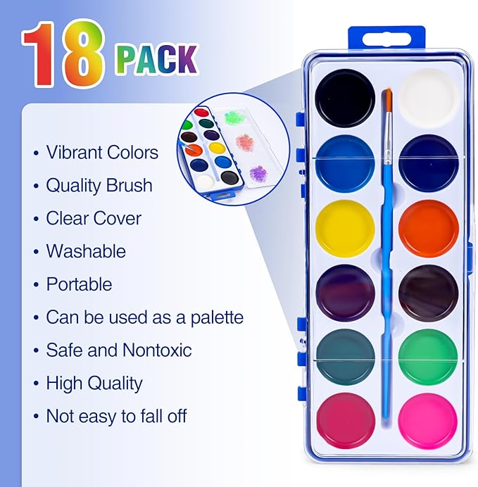 18 Pack Watercolor Paint Set for Kids, 12 Colors Watercolors Paints with Paint Brush, Kids Watercolor Paint Set for Party Favor, Classroom.-BubblyBeeBaby