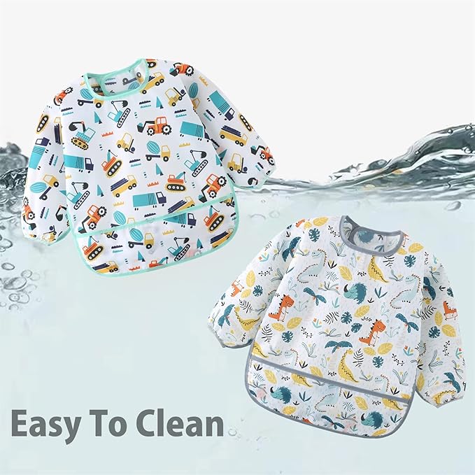 5 Pack Long Sleeve Bib,Baby Toddler Waterproof Sleeved Bib for 6-30 Months Reusable with Catch-all Pocket-BubblyBeeBaby