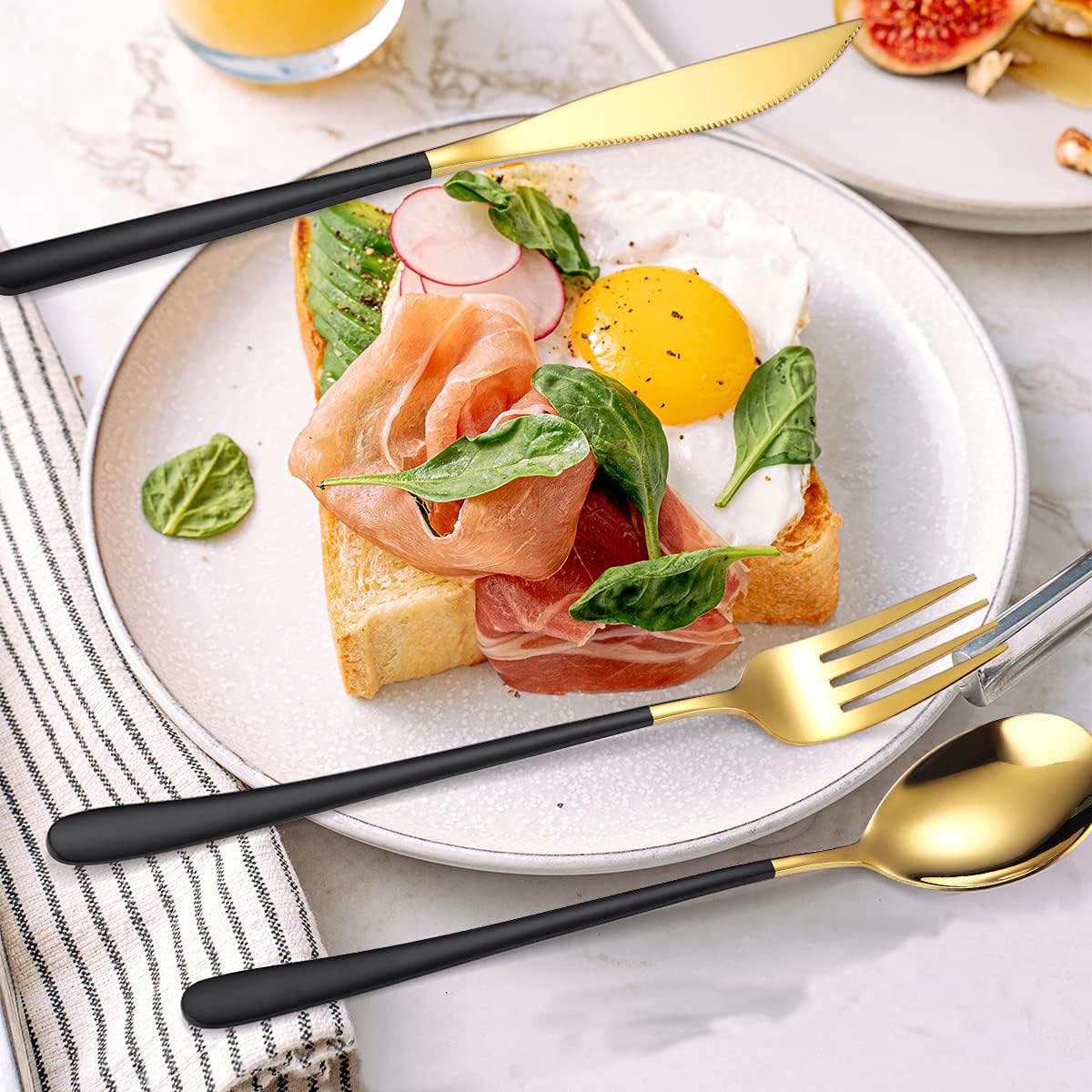 AARAINBOW 6 Pieces 18/8 Stainless Steel Flatware Set Portable Reusable Cutlery Set Travel Utensils Set Including Chopsticks Knife Fork Spoon Straws Cleaning Brush Dishwasher Safe (Black golden)