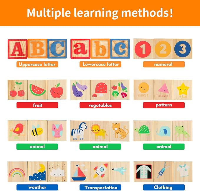 Joqutoys Wooden Building Blocks for Toddlers 1-3, Large Wood Baby Stacking Blocks Set for Kids, 30 PCS Alphabet Blocks with Toy Wagon, Educational Wooden Toys for Boys Girls Gifts 1.65"-BubblyBeeBaby