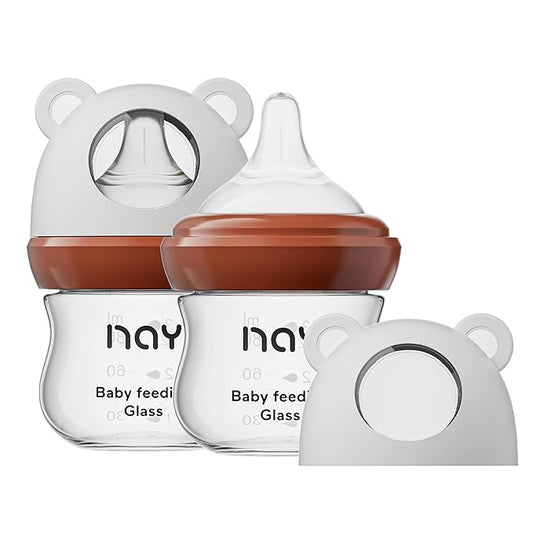 Natural Glass Baby Bottle for Breastfeeding Babies, 3oz Newborn Anti-Colic Baby Bottle with Slow Flow Nipples (SS), Clear, Wide Neck, 2 Pack, 0 Months+-BubblyBeeBaby