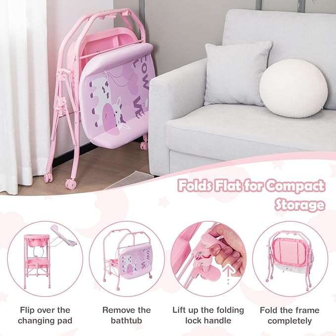 HONEY JOY Baby Changing Table with Bathtub, Foldable Infant Diaper Changing Station with Wheels, Storage Tray, Waterproof Pad, Portable Newborn Nursery Organizer Bath Stand for Boys Girls (Pink)-BubblyBeeBaby