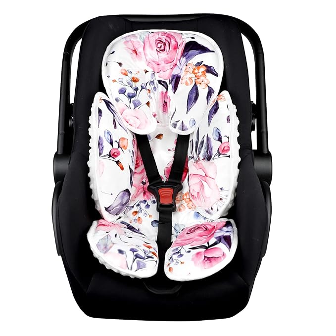 Pea Pod Baby Car Seat Head Support for Newborn, 2 in 1 Infant Car Seat Head Body Support for Girls Extra Soft Breathable Baby Car Seat Cushion Insert for Strollers, Swings, and Bouncers, Pink Floral-BubblyBeeBaby