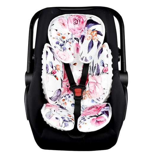 Pea Pod Baby Car Seat Head Support for Newborn, 2 in 1 Infant Car Seat Head Body Support for Girls Extra Soft Breathable Baby Car Seat Cushion Insert for Strollers, Swings, and Bouncers, Pink Floral-BubblyBeeBaby