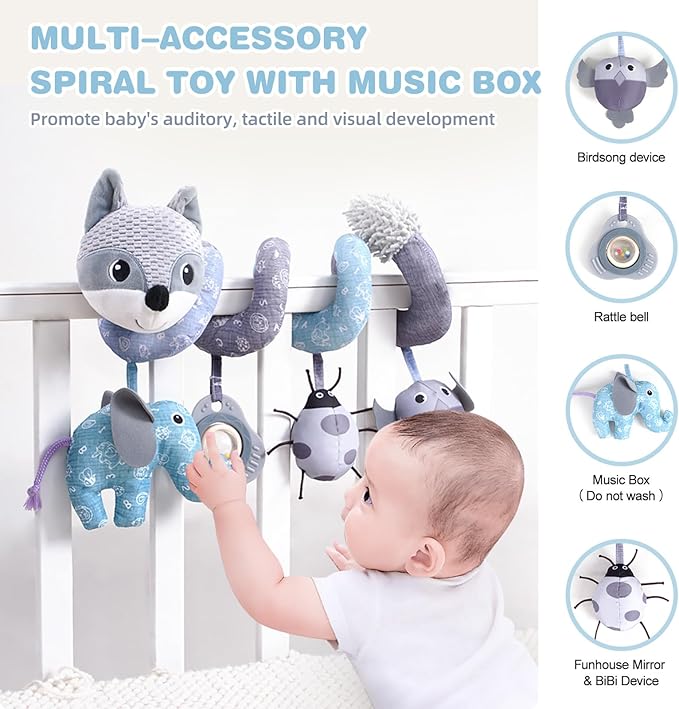 Jollybaby Baby Car Seat Stroller Toys, Plush Activity Hanging Spiral Activity Pram Crib with Music Box, Rattles, Squeaker for Babies Infant Boys Girls(Grey Fox)-BubblyBeeBaby