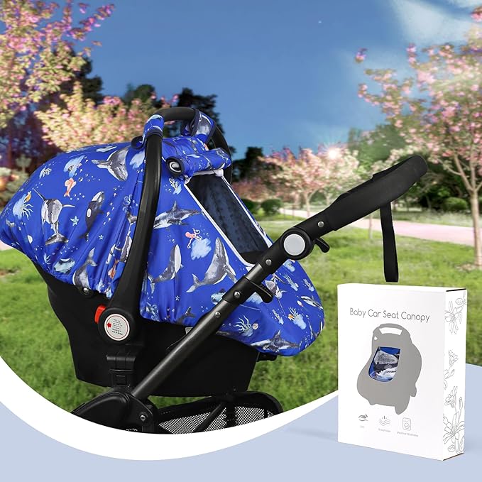 Pea Pod Car Seat Cover Baby, Infant Car Seat Canopy Covers for Newborn with 2 Layers Windows of Breathable Mesh Fabric, Lightweight Polyester/Soft Minky Dot Backing (Ocean)-BubblyBeeBaby