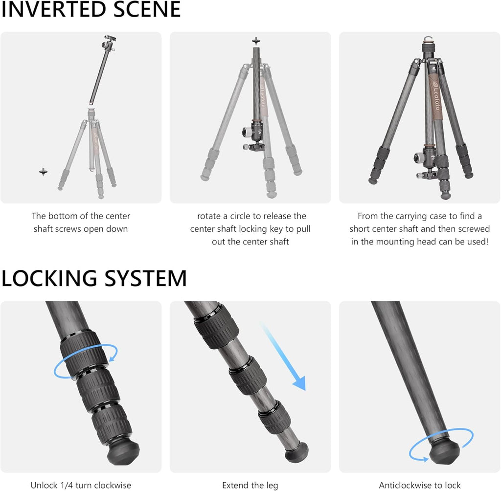 Carbon Fiber Lightweight Travel Tripod with Ball Head, Removable Center, Maxload 10kg, Weight 1.66kg, Folded 470mm (LX-284CT+XB-38)
