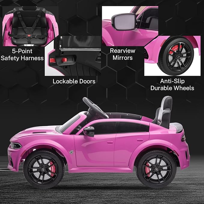 12V 7Ah Kids Electric Ride on Car, Licensed Dodge Charger SRT Hellcat, Battery Powered 4-Wheels Toy Car Electric Vehicle for Kids with Remote Control, 3 Speeds, LED Lights, Music (Pink)-BubblyBeeBaby