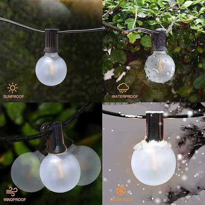 25Ft G40 LED Outdoor Christmas Frosted White String Lights with 27 G40 White Pearl Shatterproof Bulbs, Connectable Vintage Christmas Globe Patio Lights for Holiday Wedding Party Café Porch Party-White-BubblyBeeBaby