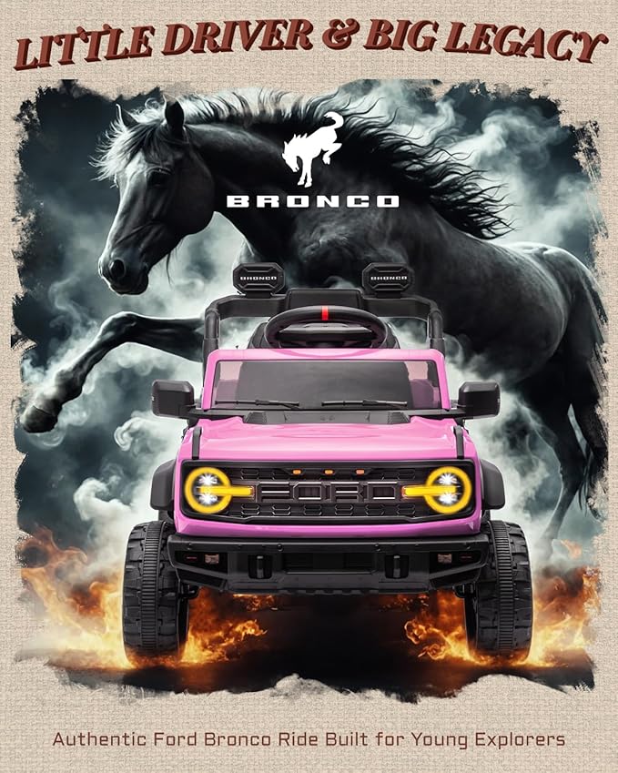 12V Electric Ride on Toys for Toddler, Ford Bronco Raptor Kids Ride on Car with Remote Control, 12 Volt Battery Powered Cars for Children with Smooth Start, Bluetooth (12V, Pink)-BubblyBeeBaby