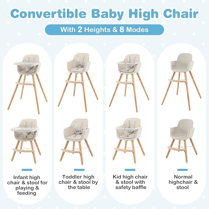 HONEY JOY High Chair, 3-in-1 Eat & Grow Wooden Highchair/Booster Seat/Toddler Chair with Removable Tray, 5-Point Harness, PU Cushion and Footrest for Baby, High Chair for Babies and Toddlers(Beige)-BubblyBeeBaby